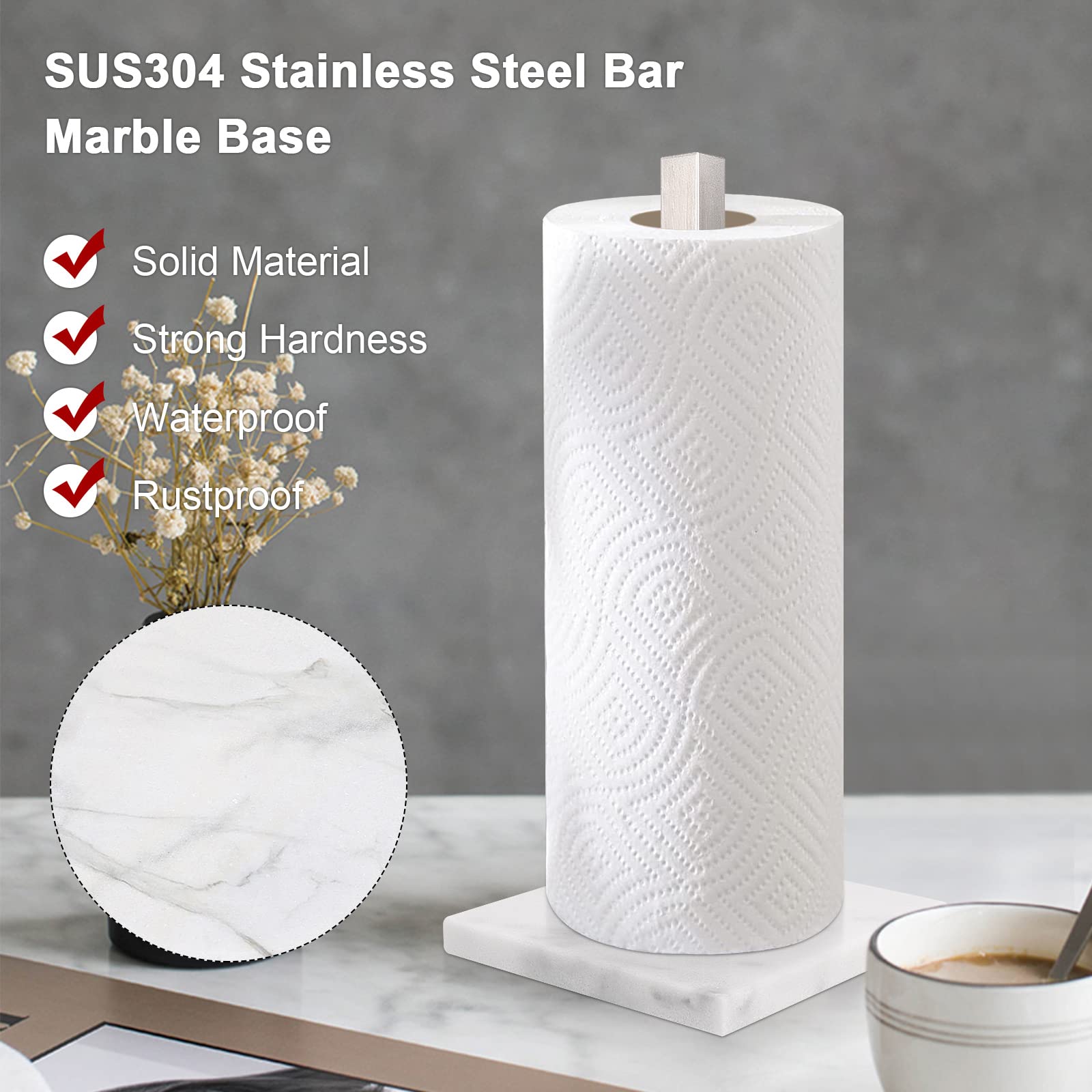 NearMoon Standing Paper Towel Holder, Stainless Steel Square Paper Towel Roll Holder with Marble Base for Bathroom Kitchen Countertop, Standard or Jumbo-Sized Roll Holder (Brushed Nickel)