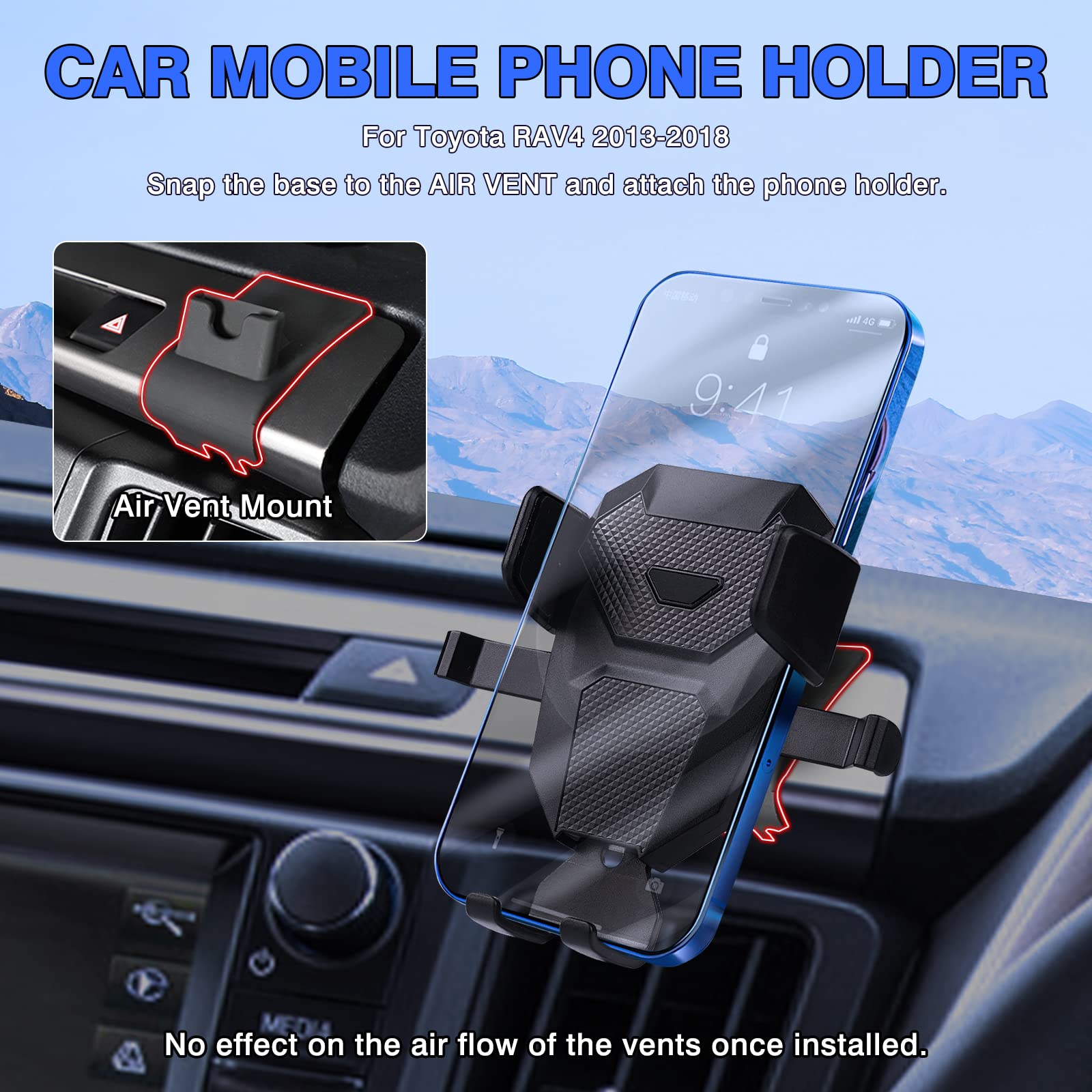 Karltys Cell Phone Holder for Toyota RAV4 2013-2018 Accessories Car Mobile Phone Holder Air Vent Mount for 4-7 Inch Phones Thick Case Friendly Fully Adjustable Stand