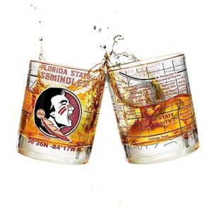 florida state university whiskey glass set (2 low ball glasses) - contains full color seminoles logo & campus map - osceola and renegade gift idea for college grads & alumni - glassware