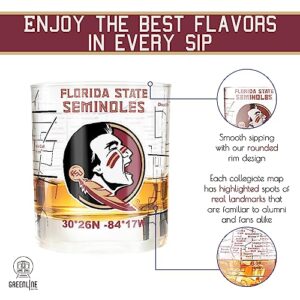 Florida State University Whiskey Glass Set (2 Low Ball Glasses) - Contains Full Color Seminoles Logo & Campus Map - Osceola and Renegade Gift Idea for College Grads & Alumni - Glassware