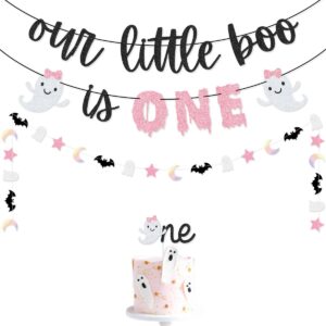 pink black our little boo is one banner one cake topper for pink and black halloween girl 1st birthday party decorations