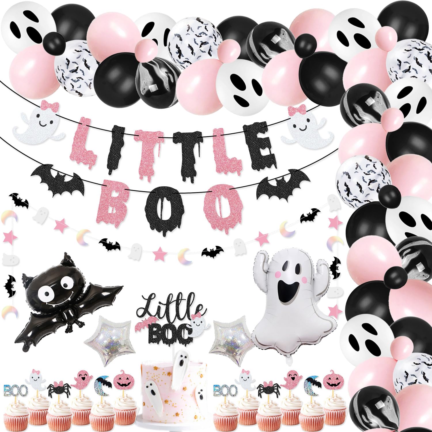 92 Pcs Little Boo Party kit Little Boo Banner Cake Topper Boo Skeleton Bat Mylar Balloons for Pink Black Girl Halloween Baby Shower the Spooky One Halloween 1st Birthday Party Decorations