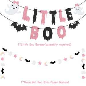 92 Pcs Little Boo Party kit Little Boo Banner Cake Topper Boo Skeleton Bat Mylar Balloons for Pink Black Girl Halloween Baby Shower the Spooky One Halloween 1st Birthday Party Decorations