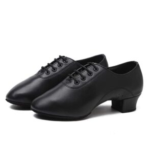 Women Lace-up Leather Latin Salsa Tango Ballroom Modern Dance Shoes Slim Woman (Black, 7)