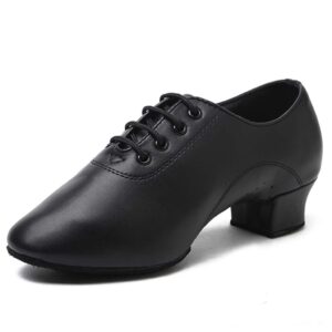 Women Lace-up Leather Latin Salsa Tango Ballroom Modern Dance Shoes Slim Woman (Black, 7)