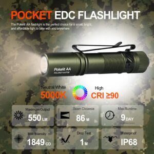 ACEBEAM Pokelit AA Rechargeable Mini Flashlight with Clip, 550 High Lumens Pocket EDC, Super Bright Small Flashlight, 90+ High CRI Led for Camping,Hiking,Everyday Use(Dark Green)