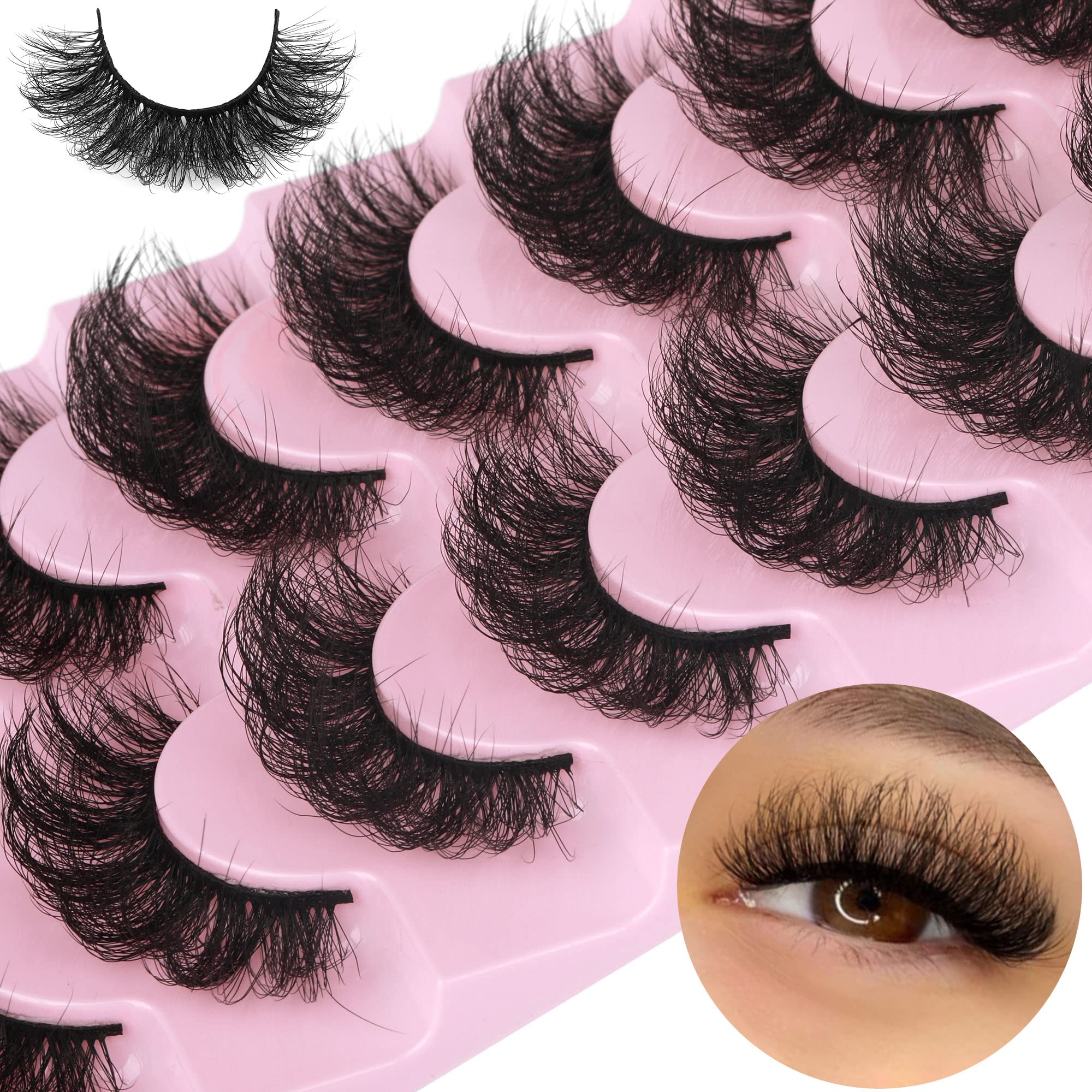 False Eyelashes Fluffy Lashes Mink Wispy Thick Volume Eye Lashes Curly Strip Lashes Extensions Natural Dramatic 20MM Long 7 Pairs Fake Eyelashes Pack