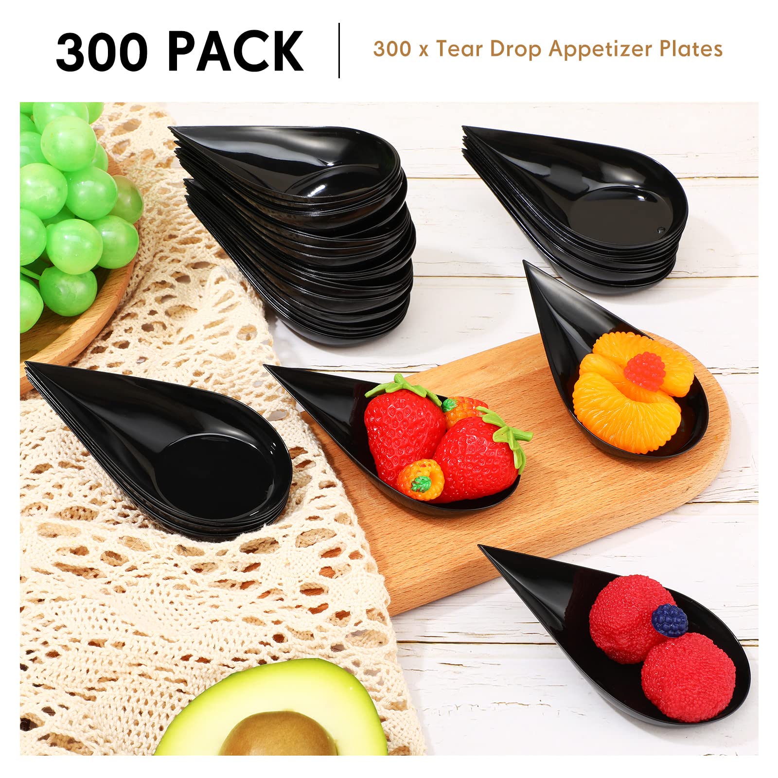 300 Pcs 4 Inch Tear Drop Mini Appetizer Plates Plastic Spoons Catering Supplies Small Mini Spoons Tasting Spoons Appetizer Dishes Mini Dessert Bowls Dessert Spoons Disposable Spoons for Party (Black)