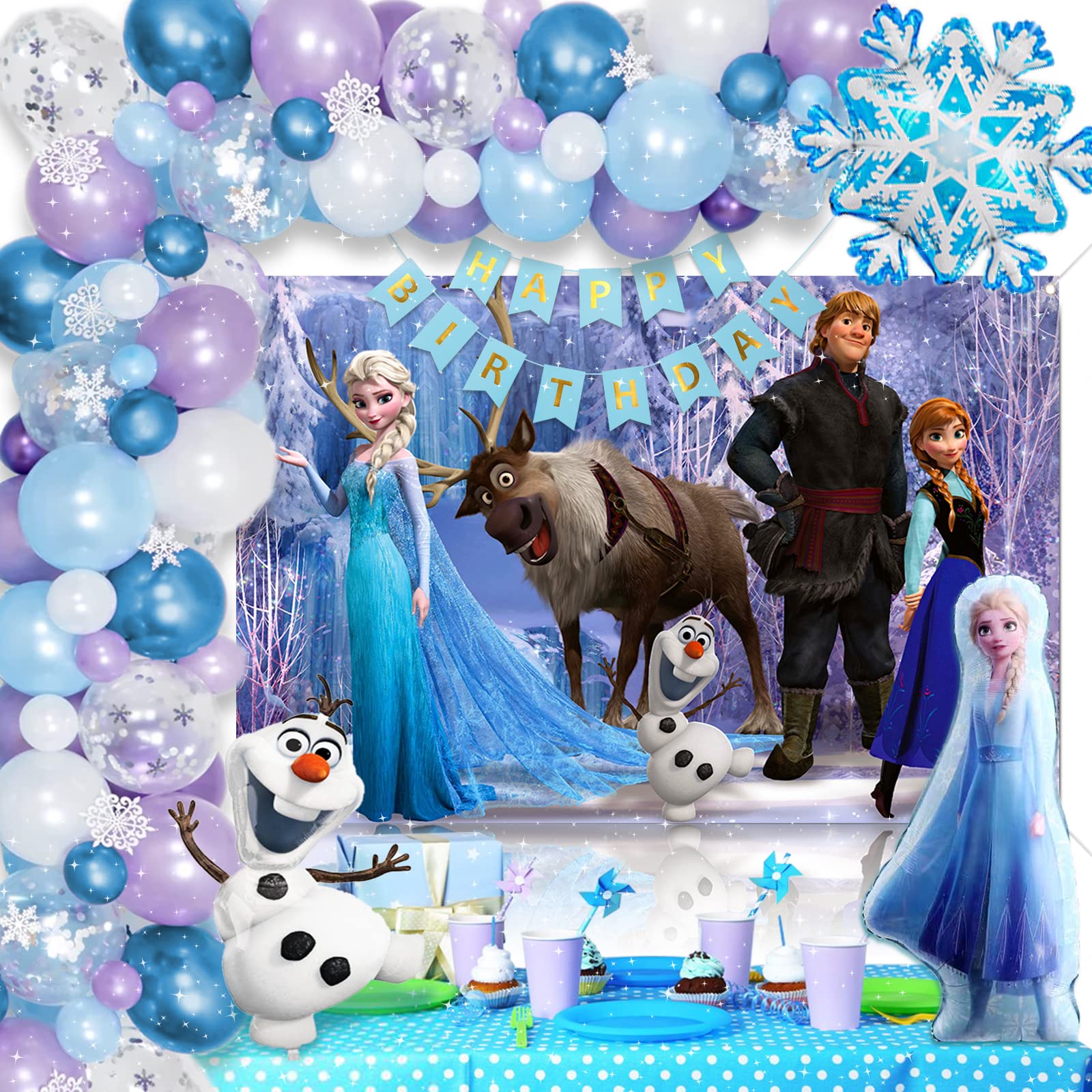 Frozen Birthday Decorations, Frozen Birthday Party Supplies Balloons Party Decoration, Princess Happy Birthday Decoration with Frozen Backdrop Confetti Balloons Frozen Banner Frozen Balloons for Girl