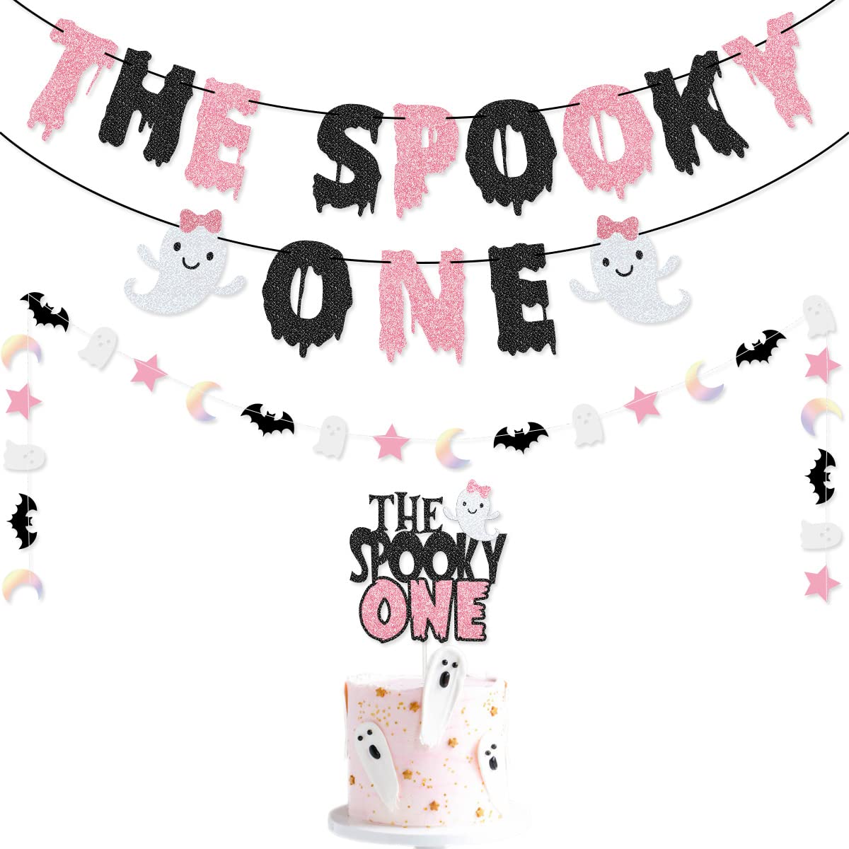 The Spooky One Banner The Spooky One Cake Topper for Pink and Black Halloween Girl First Birthday Party Decorations