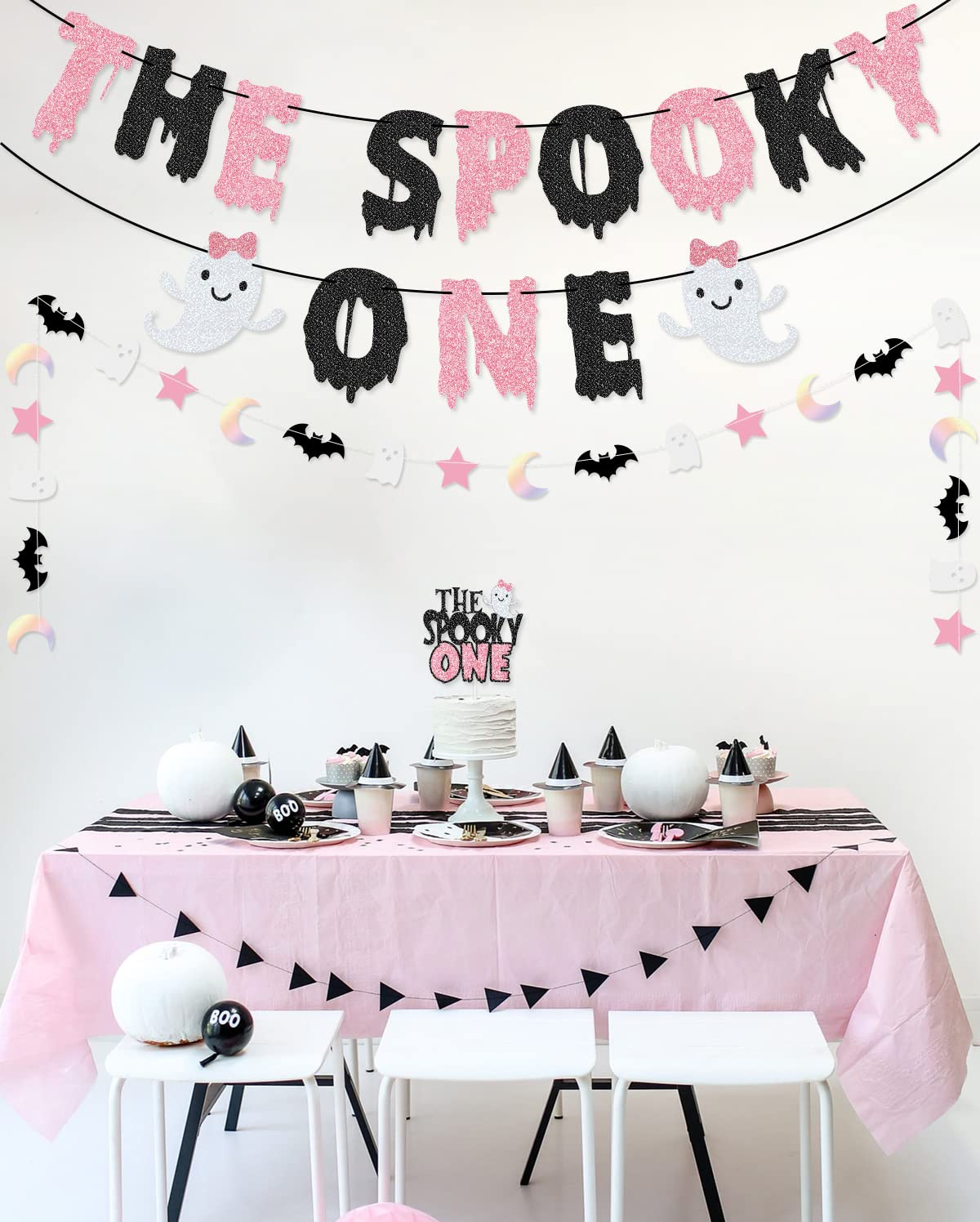 The Spooky One Banner The Spooky One Cake Topper for Pink and Black Halloween Girl First Birthday Party Decorations