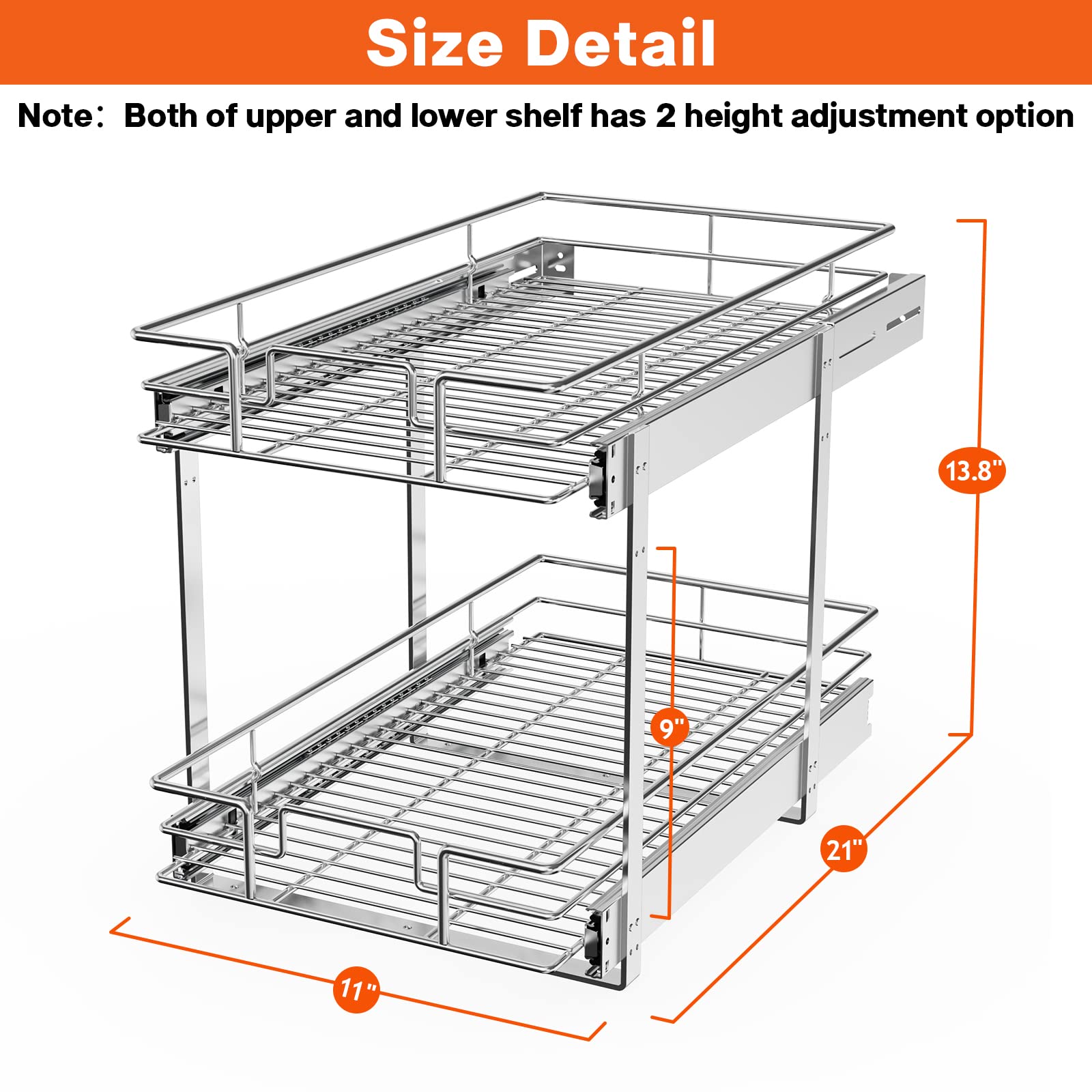 ROOMTEC Individual Pull Out Cabinet Organizer (11" W x 21" D), 2 Tier Spice Rack Organizer for Cabinet, Slide Out Drawer Pantry Shelf Organization and Storage for Kitchen Bathroom