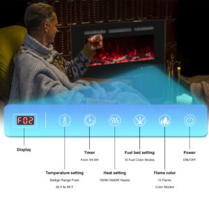 Oxhark Flame Electric Fireplace 60 inch Wide, Wall Mounted Fireplace Inserts Electric Heater, 13 * 13 Flame Effects Like Real Flame, Low Noise, Timer & Thermostat Setting, 750W/1500W, Black