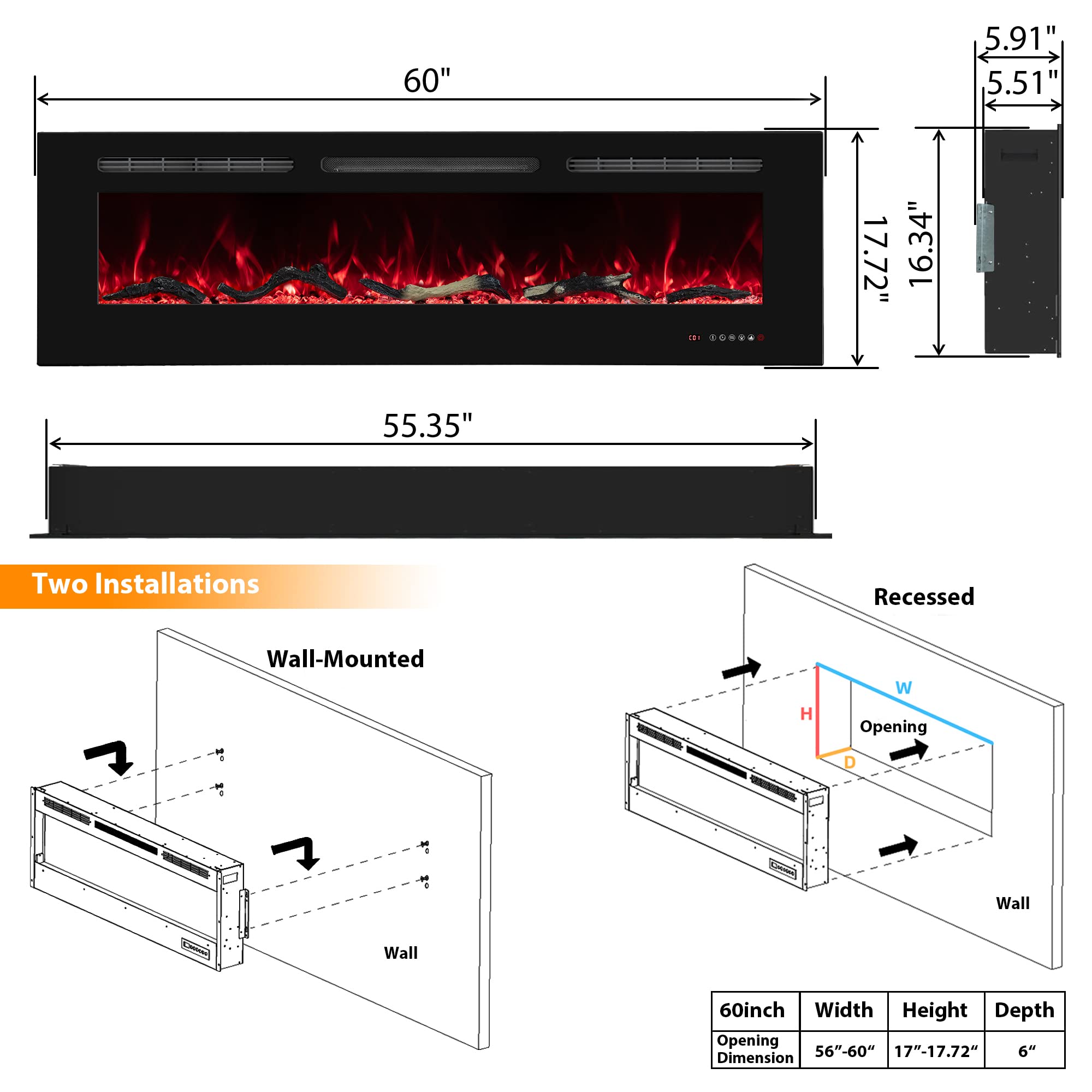 Oxhark Flame Electric Fireplace 60 inch Wide, Wall Mounted Fireplace Inserts Electric Heater, 13 * 13 Flame Effects Like Real Flame, Low Noise, Timer & Thermostat Setting, 750W/1500W, Black