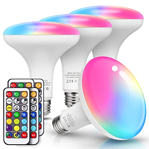 JandCase Color Changing Flood Light Bulbs[4 Pack], BR30 Colored Light Bulbs with Remote Control,10W Equivalent 100W,E26 Multi-Color LED Recessed Light Bulb for Christmas,Party,Ceiling