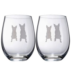 set of 2 boston terrier dog stemless wine glasses - boxwood, boston bull terrier, american gentleman lover - for him & her - dogs silhouette - etched tumblers for anniversary, wedding, gifts (18 oz)