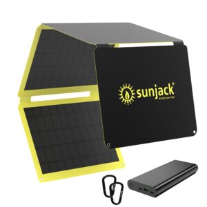 sunjack 60 watt foldable ip67 waterproof etfe monocrystalline solar panel charger with dc/usb qc3.0/ type-c + 100w 25600mah power bank for cell phones, laptops, power stations and more