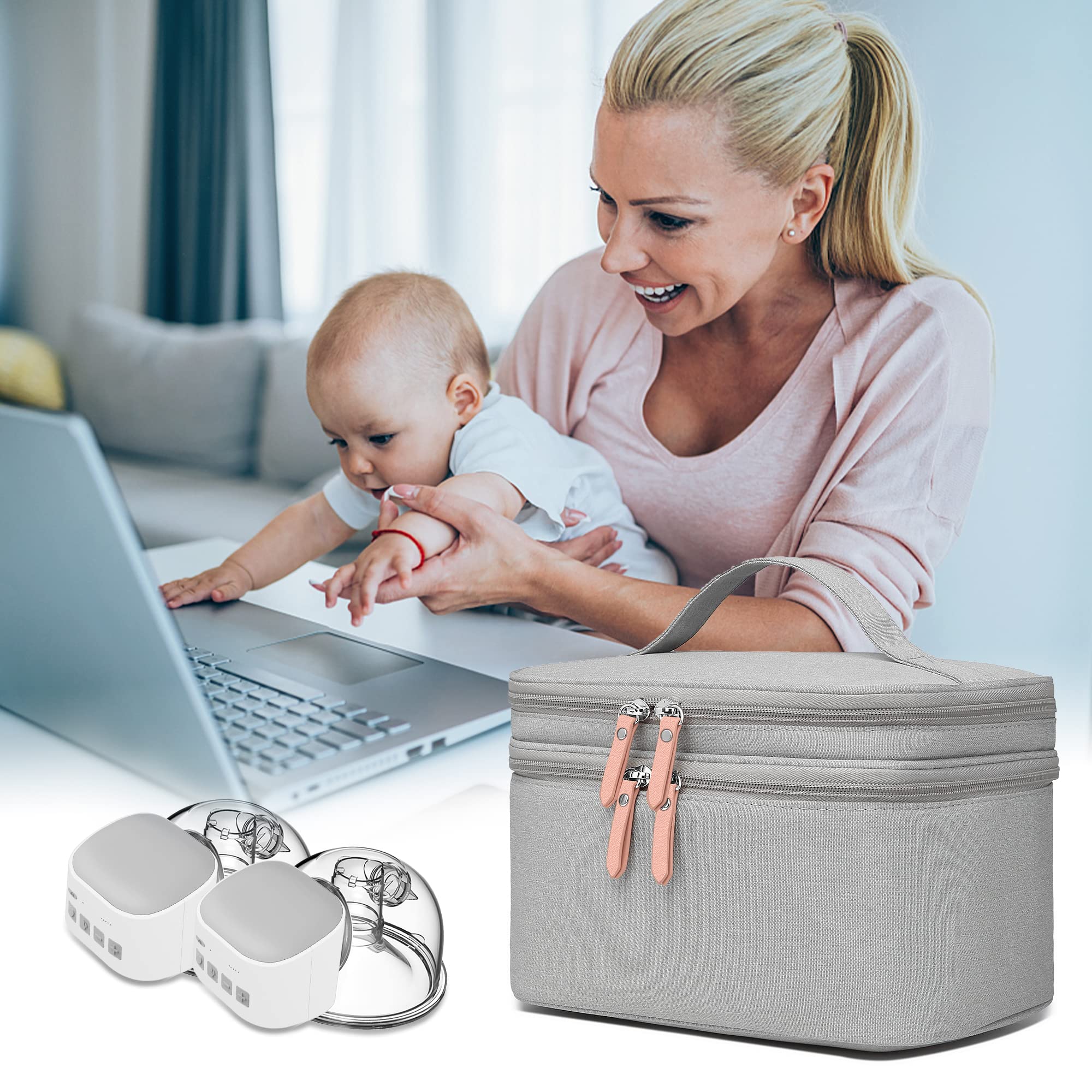 QIUXQIU Breast Pump Bag for Hands-Free Wearable Breast Pumps、Bottles,Pump Parts, and Storage Bag，Tote Bag，Multi-Function Breastmilk Cooler Bag Insulated Bag(Gray)