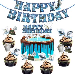 geosar 50 pcs fish happy birthday banner gone fishing party decorations fisherman cake toppers gone fishing party supplies for men boys fishing themed party