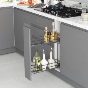 narrow sliding two rack cabinet organizer, bottle holder and spice rack with blum brand soft close undermount slides for s-2477 0