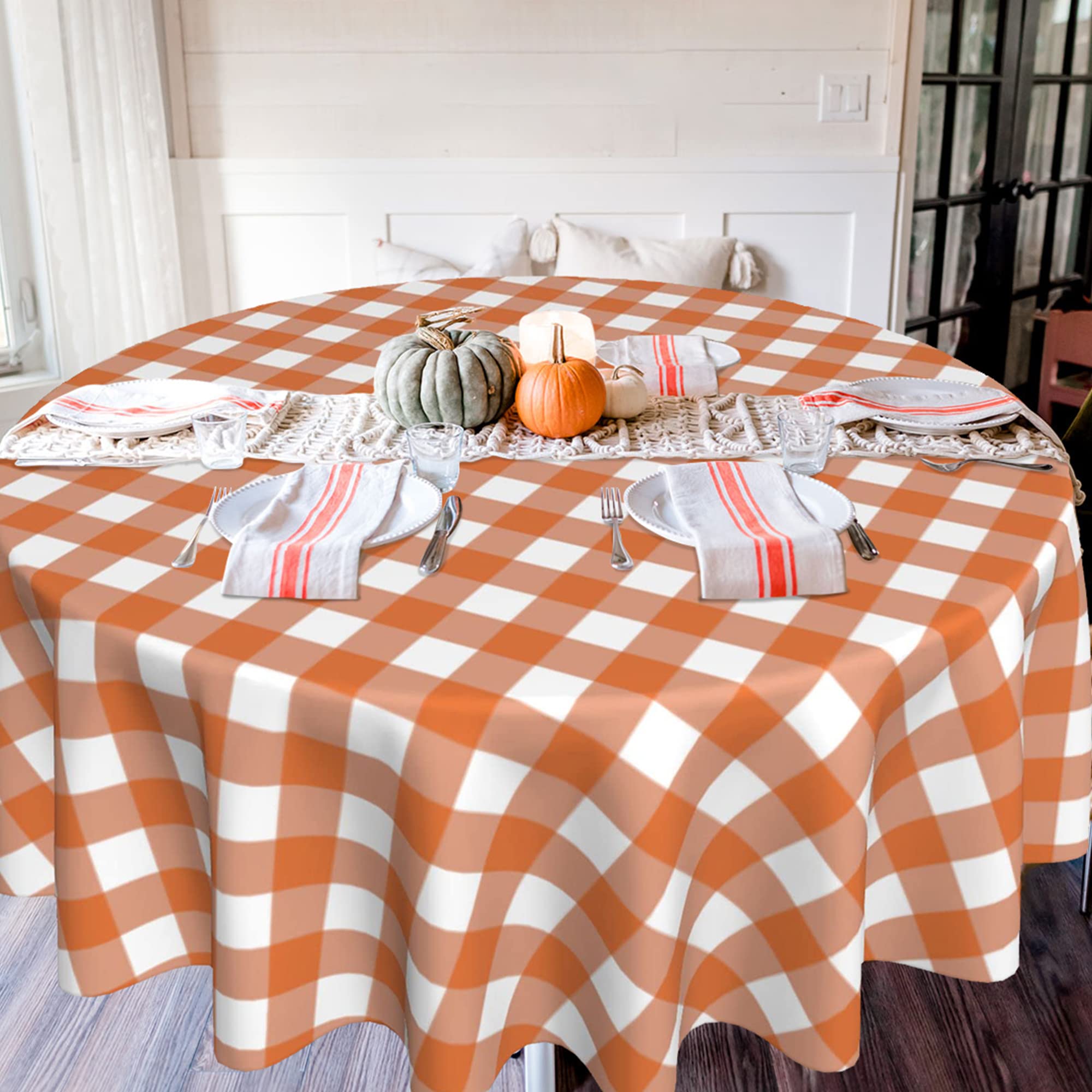 SuQKXCo Fall Round Tablecloth Orange White Autumn Buffalo Plaids Table Cloth 60 inch Thanksgiving Table Cloths Cover Mat Spill Proof Table Covers for Kitchen Party Dinner Tabletop Decoration