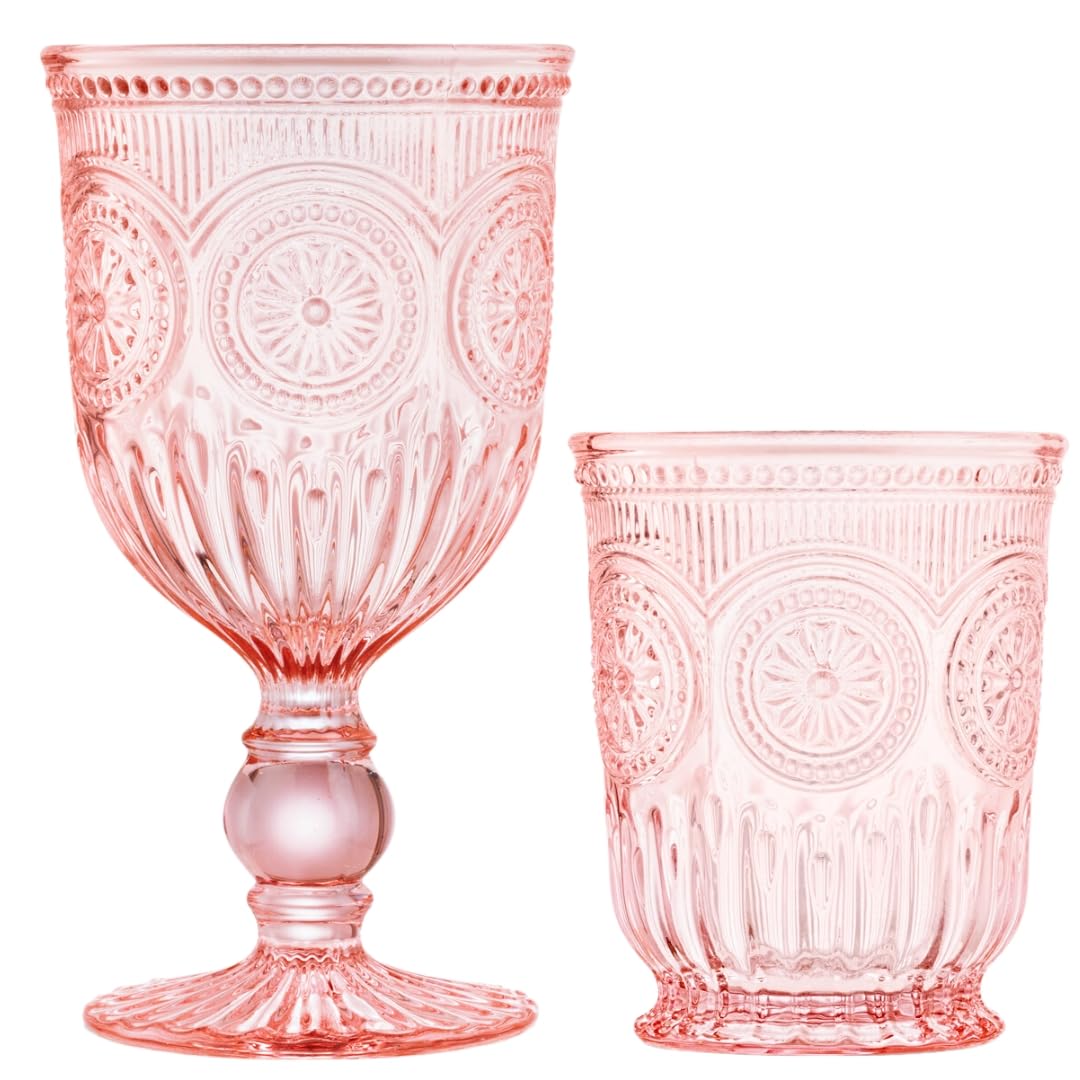 Pink Glassware Bundle- 6 x Pink Goblets and 6 x Pink Water Glasses - Vintage Glassware Collection for Parties