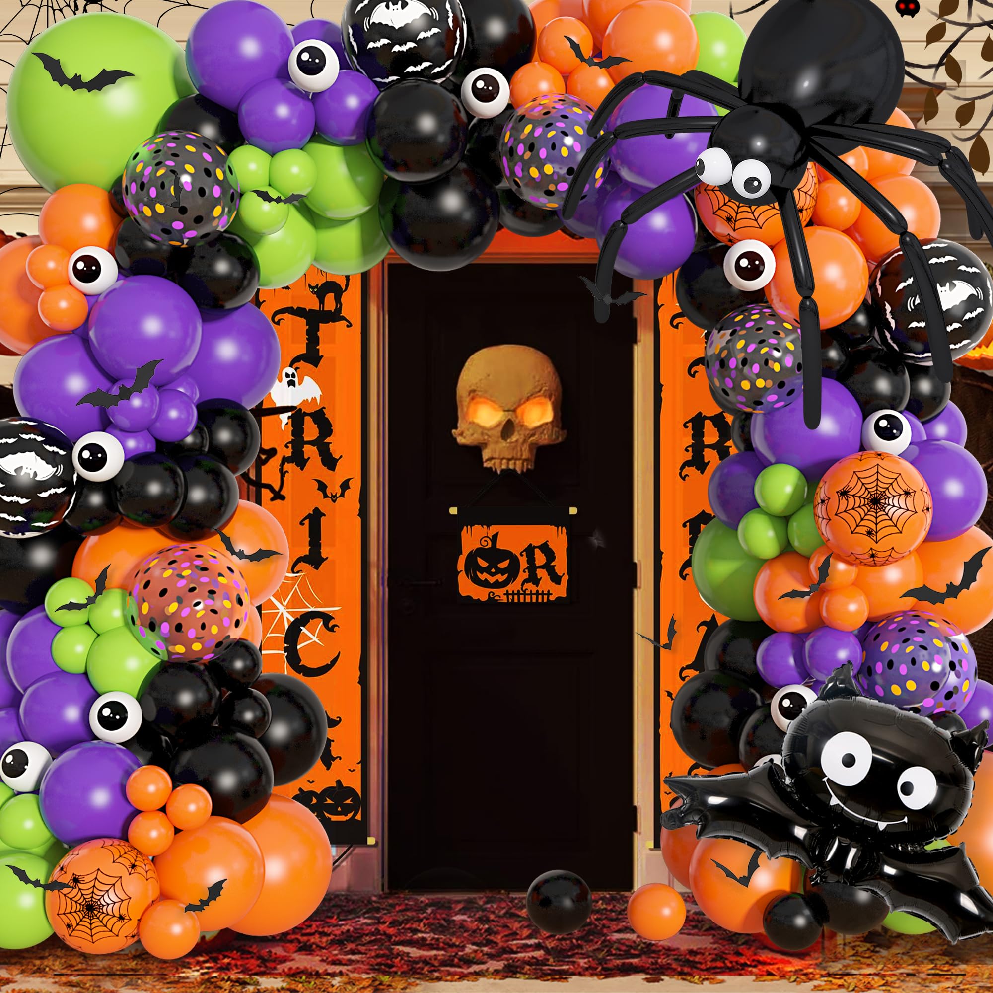 156Pcs Halloween Balloon Arch Garland Kit with Giant Spider Bat Balloon Black Orange Purple Green Confetti Long Halloween Balloons 3D Bat Eyeball for DIY Halloween Birthday Party Supplies Decorations