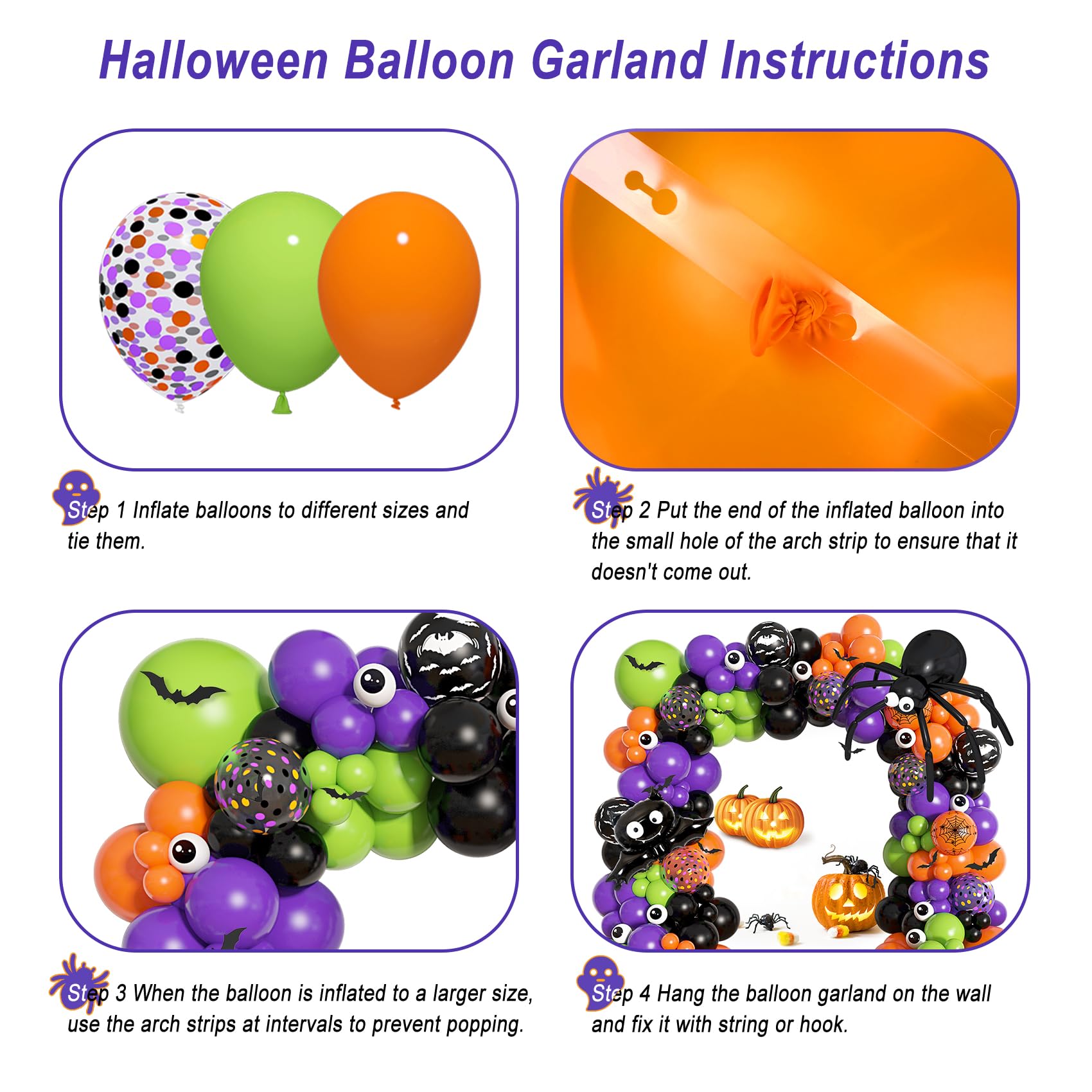 156Pcs Halloween Balloon Arch Garland Kit with Giant Spider Bat Balloon Black Orange Purple Green Confetti Long Halloween Balloons 3D Bat Eyeball for DIY Halloween Birthday Party Supplies Decorations