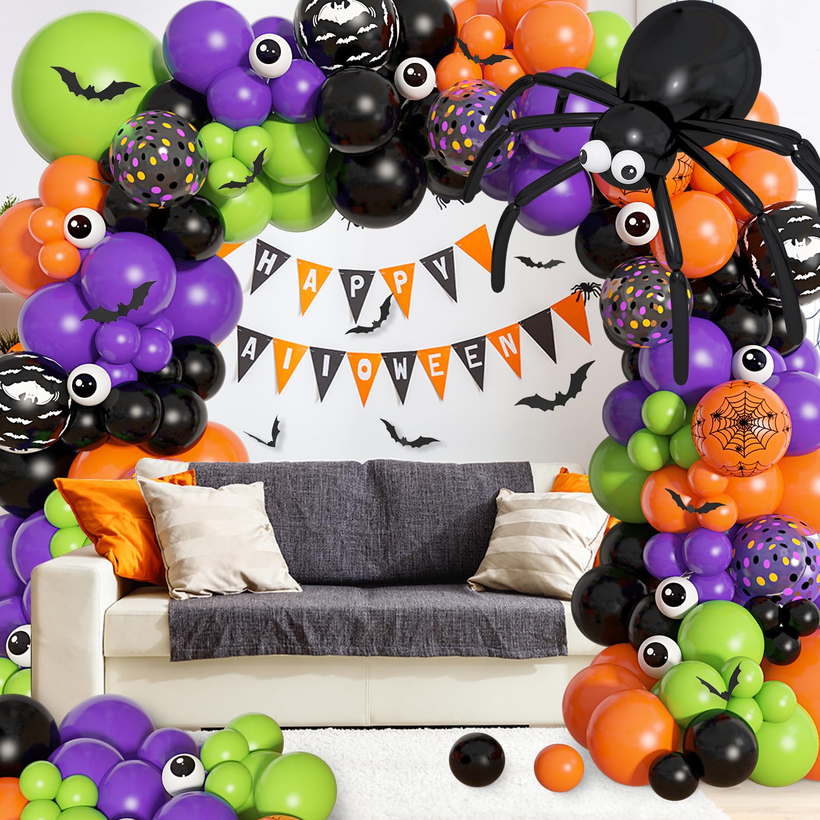 156Pcs Halloween Balloon Arch Garland Kit with Giant Spider Bat Balloon Black Orange Purple Green Confetti Long Halloween Balloons 3D Bat Eyeball for DIY Halloween Birthday Party Supplies Decorations