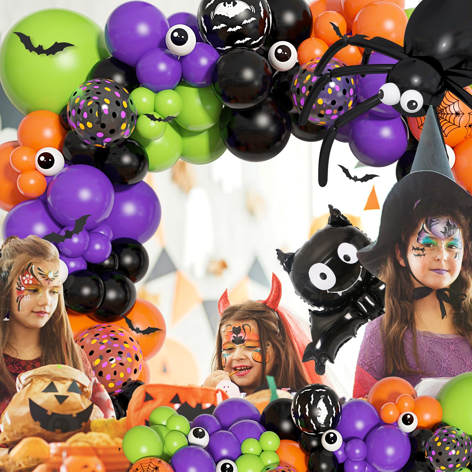 156Pcs Halloween Balloon Arch Garland Kit with Giant Spider Bat Balloon Black Orange Purple Green Confetti Long Halloween Balloons 3D Bat Eyeball for DIY Halloween Birthday Party Supplies Decorations