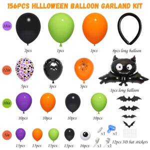 156Pcs Halloween Balloon Arch Garland Kit with Giant Spider Bat Balloon Black Orange Purple Green Confetti Long Halloween Balloons 3D Bat Eyeball for DIY Halloween Birthday Party Supplies Decorations