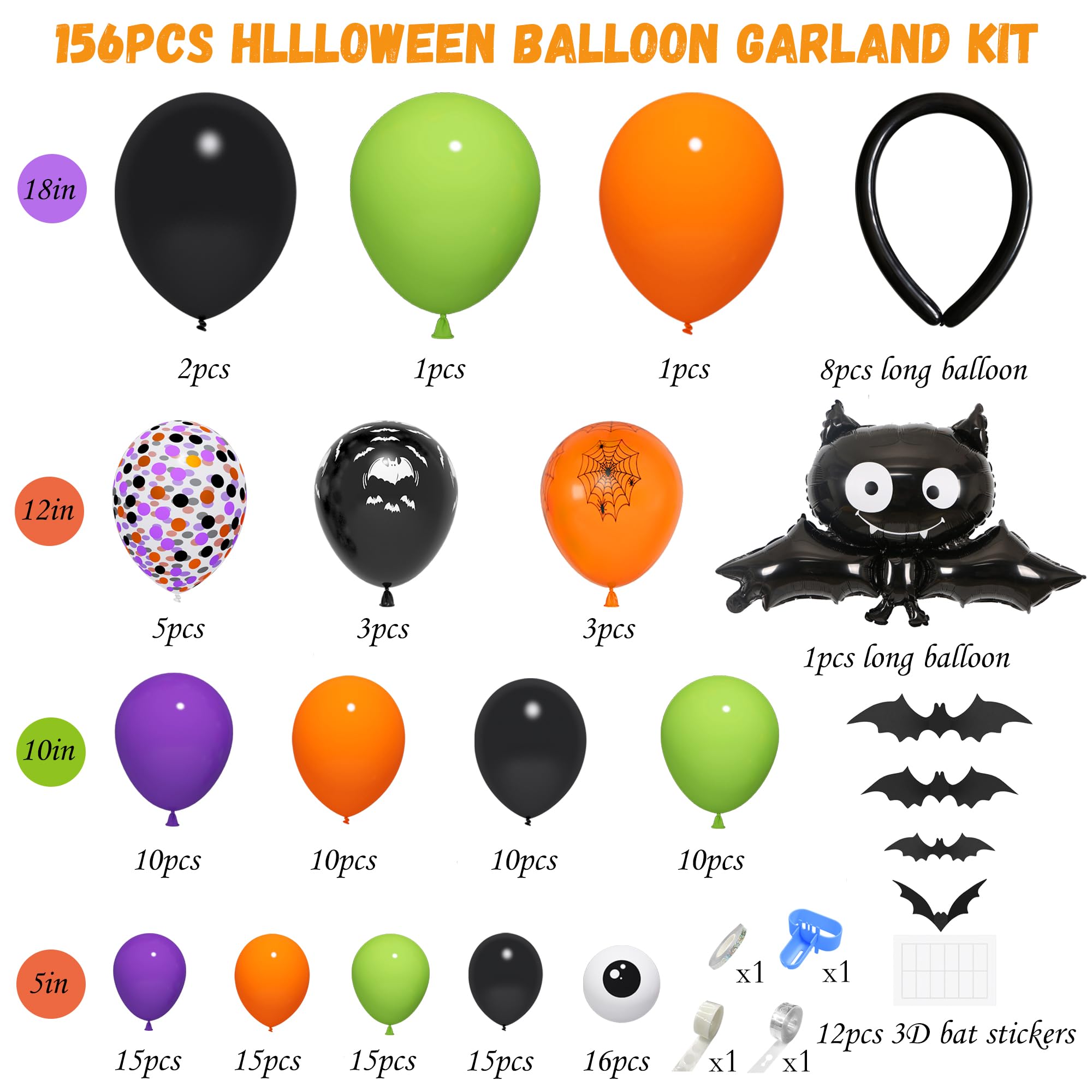 156Pcs Halloween Balloon Arch Garland Kit with Giant Spider Bat Balloon Black Orange Purple Green Confetti Long Halloween Balloons 3D Bat Eyeball for DIY Halloween Birthday Party Supplies Decorations