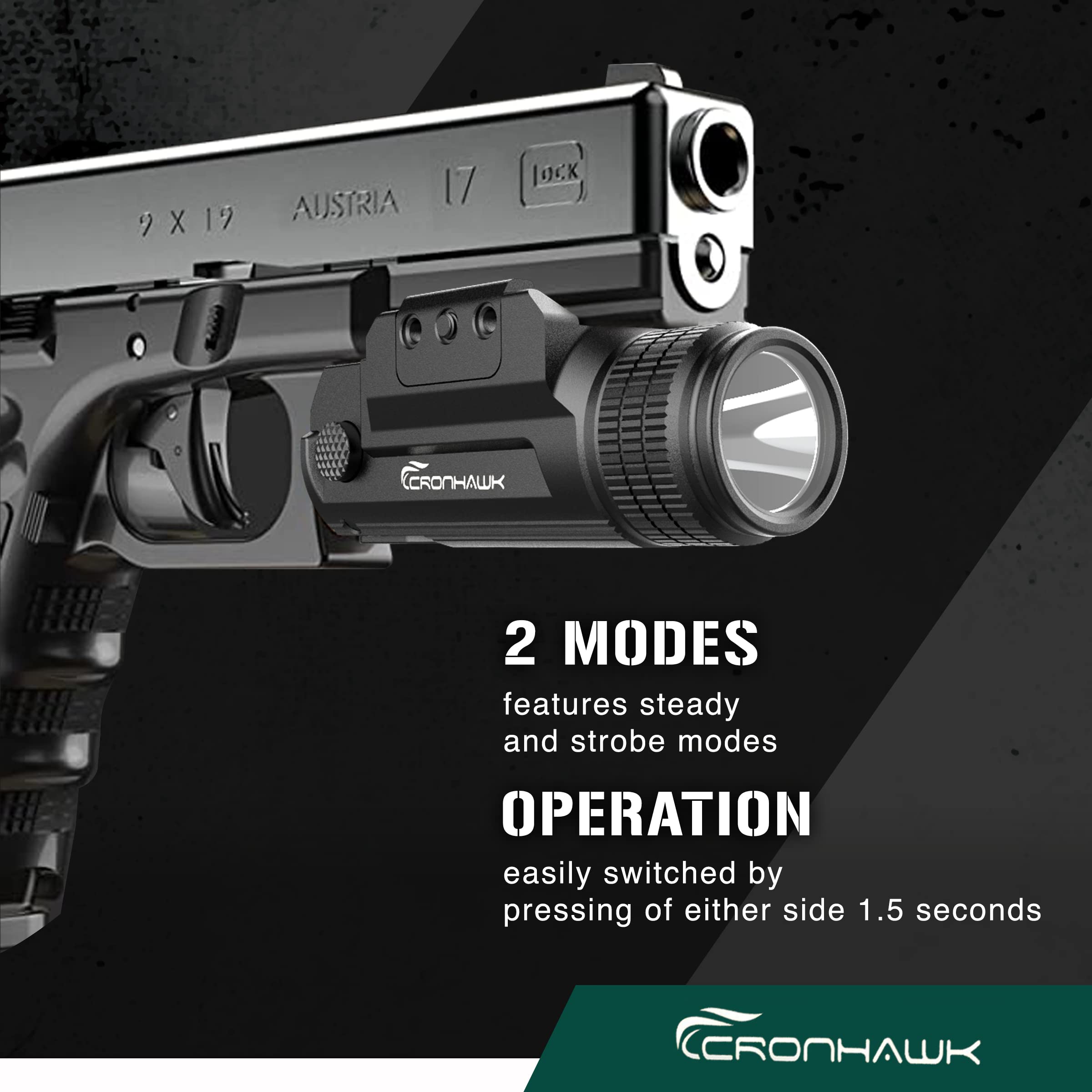CRONHAWK Pistol Flashlight Rechargeable 700 Lumen Rail Mounted Tactical Flashlight Compact Weapon Light for Gun Light fits Picatinny