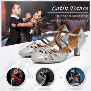 DKZSYIM Glitter Women Latin Dance Shoes Closed Toe Ballroom Salsa Tango Practice Performence Party Dancing Shoes,512-Silver-5,10 US