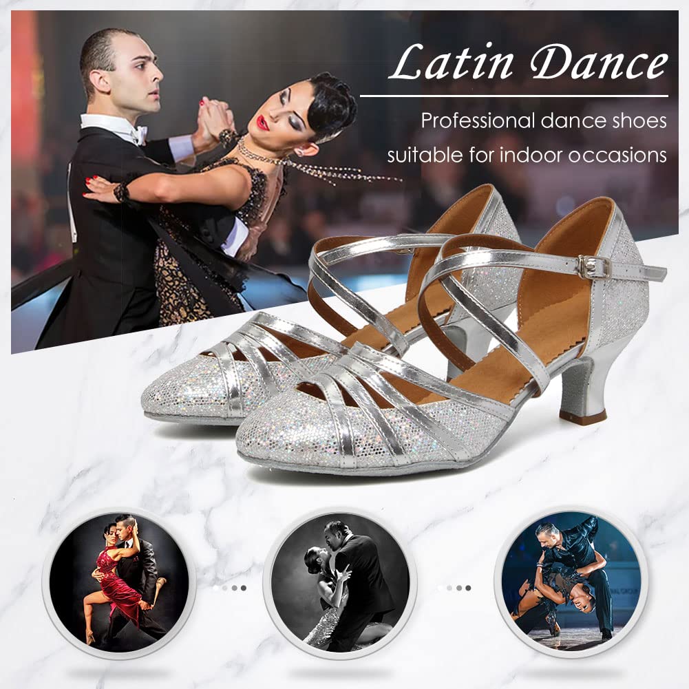 DKZSYIM Glitter Women Latin Dance Shoes Closed Toe Ballroom Salsa Tango Practice Performence Party Dancing Shoes,512-Silver-5,10 US