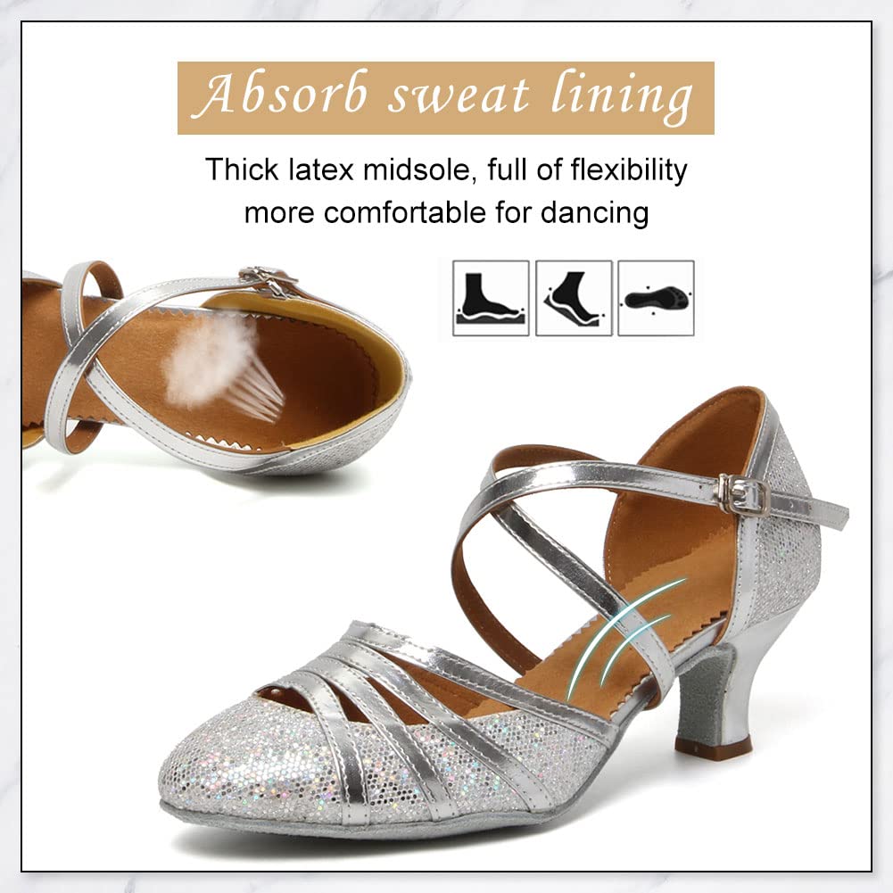 DKZSYIM Glitter Women Latin Dance Shoes Closed Toe Ballroom Salsa Tango Practice Performence Party Dancing Shoes,512-Silver-5,10 US