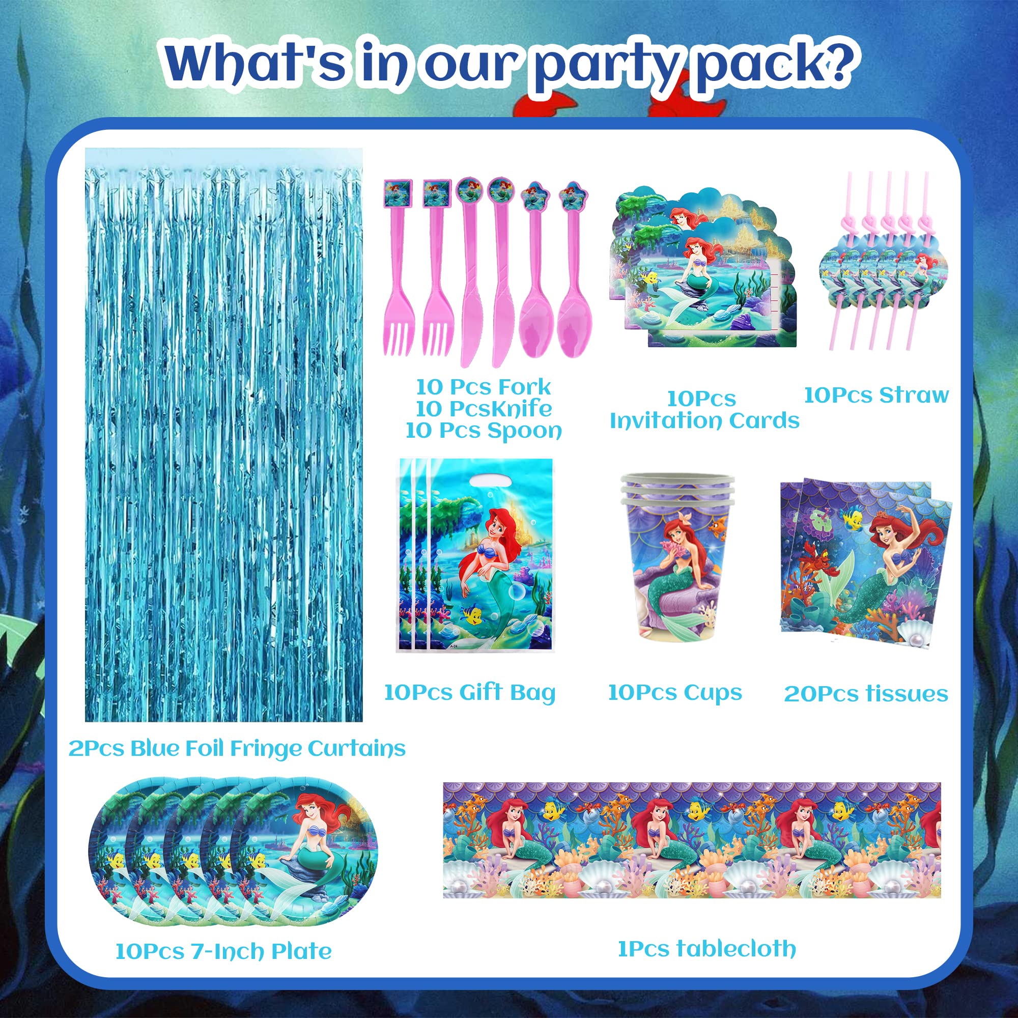 272 PCS Little Mermaid Birthday Party Supplies, Party Decorations, Ariel Birthday Decorations included Happy Birthday Banner, Balloons, Swirls, Invitation Cards, Tableware