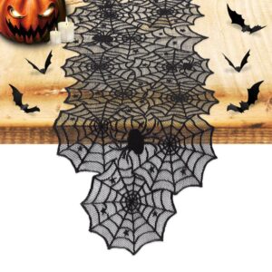 nialnant halloween decoration table runner with 12 pack 3d bats, spider web black lace table runner for kitchen dinner table, halloween party decoration indoor - 13 x 72 inch