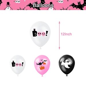 Halloween Birthday Party Decorations with Happy Birthday Halloween Banner, Halloween Birthday Pink Backdrop, Halloween Cake Cupcake Topper and Balloons for Kids Girls Halloween First Birthday