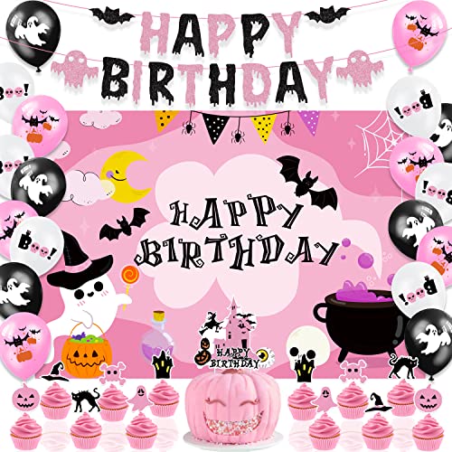 Halloween Birthday Party Decorations with Happy Birthday Halloween Banner, Halloween Birthday Pink Backdrop, Halloween Cake Cupcake Topper and Balloons for Kids Girls Halloween First Birthday