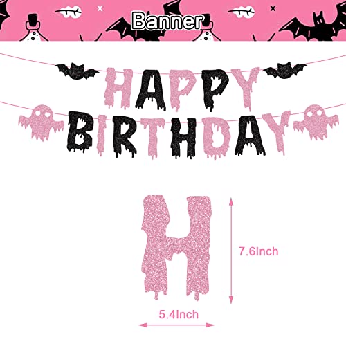 Halloween Birthday Party Decorations with Happy Birthday Halloween Banner, Halloween Birthday Pink Backdrop, Halloween Cake Cupcake Topper and Balloons for Kids Girls Halloween First Birthday