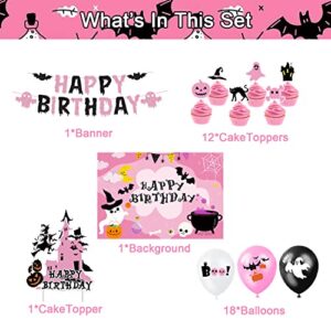 Halloween Birthday Party Decorations with Happy Birthday Halloween Banner, Halloween Birthday Pink Backdrop, Halloween Cake Cupcake Topper and Balloons for Kids Girls Halloween First Birthday