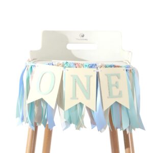 blue and green 1st birthday banner - highchair banner 1st birthday boy , greenery party decorations , first birthday decorations for kids , baby birthday party photo props(blue and green banner)