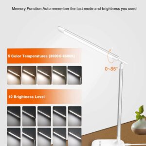LED Desk Lamp for Home Office - Dimmable, Eye-Caring Reading Table Lamp, 5 Lighting Modes 10 Brightness Levels, Touch Control, 30/60 min Auto Timer