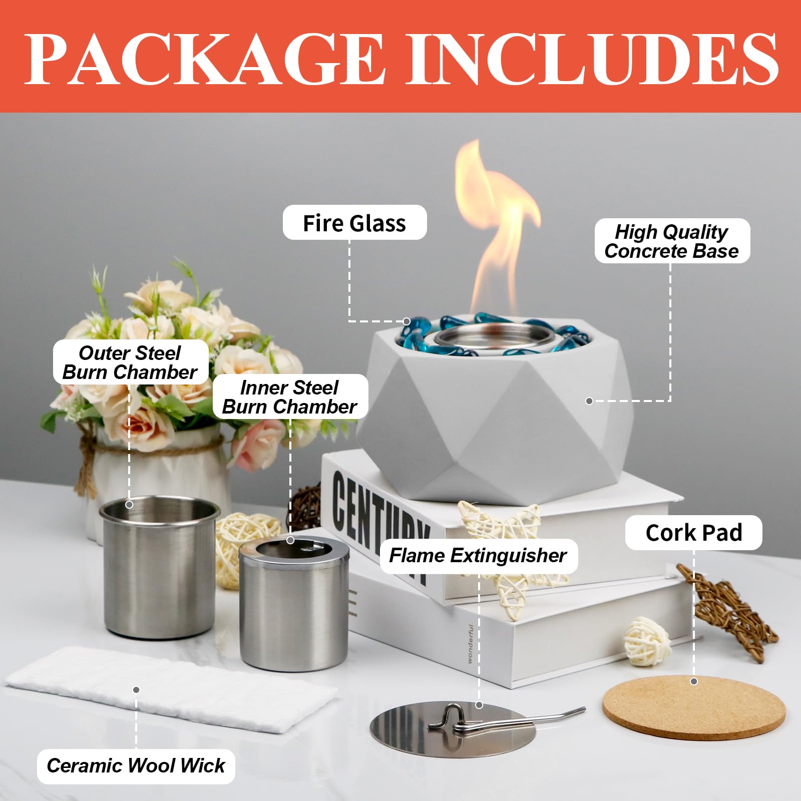 KORNIFUL Concrete Tabletop Fire Pit, Small Portable Fire Pit, Small Table Top Fire Pit Bowl, Mini Fireplace, Ethanol Smores Maker, Indoor & Outdoor