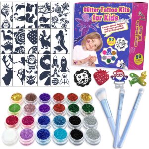 temporary glitter tattoo kit for kids -, dinosaur butterfly fake tattoo make up art kits for boys and girls, diy creative waterproof tattoos with 90sheets tat stickers 24 glitter box and 3 brush