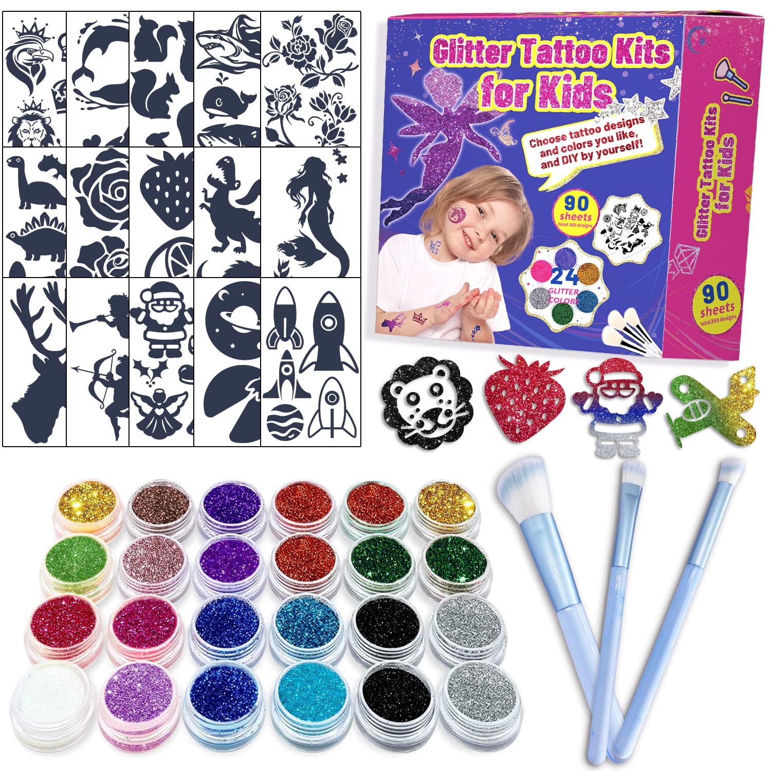 Temporary Glitter Tattoo Kit For Kids -, Dinosaur Butterfly Fake Tattoo Make Up Art Kits For Boys and Girls, DIY Creative Waterproof Tattoos with 90sheets Tat Stickers 24 Glitter Box and 3 Brush