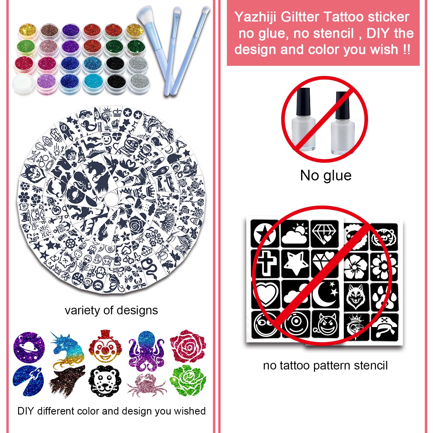 Temporary Glitter Tattoo Kit For Kids -, Dinosaur Butterfly Fake Tattoo Make Up Art Kits For Boys and Girls, DIY Creative Waterproof Tattoos with 90sheets Tat Stickers 24 Glitter Box and 3 Brush
