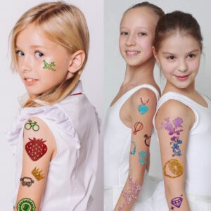Temporary Glitter Tattoo Kit For Kids -, Dinosaur Butterfly Fake Tattoo Make Up Art Kits For Boys and Girls, DIY Creative Waterproof Tattoos with 90sheets Tat Stickers 24 Glitter Box and 3 Brush