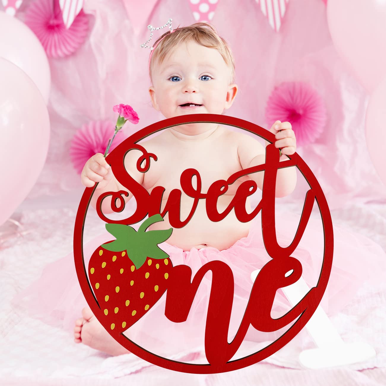 Strawberry Party Decorations Sweet One Birthday Sign for First Birthday Wood Sign Cutout Centerpieces for Baby Girls Summer Fruit Baby Milestone Cake Smash Photo Props Baby Shower Supplies